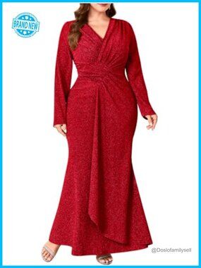 Plus Size Sparkly Formal Dress Ruched Mermaid Long Sleeve Evening Gown